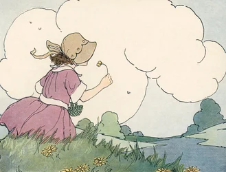 Ragazza che annusa un fiore di campo contro un cielo estivo