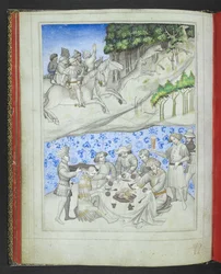 Add 24189, f.5v, Ricreazione a Cipro con, sopra, una caccia al cervo con leopardi e, sotto, un banchetto, dal 