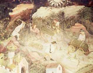 Il mese di dicembre, (dettaglio) uomini che tagliano alberi, c.1400