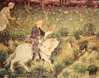 Il mese di settembre, (dettaglio) di un cavaliere con un falco, c.1400