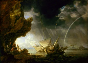 Marina con marinai che si riparano da un temporale, metà del XVII secolo