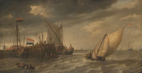Viaggiatori che sbarcano su un molo della Schelda in presenza di forte vento