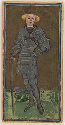 Il fante di spade, facsimile di una carta dei tarocchi del mazzo «Visconti», 1441-47