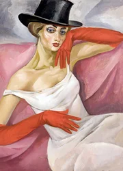 Donna con cappello a cilindro - Dipinto di Boris Dmitrievich Grigoriev (1886-1939) - Collezione privata