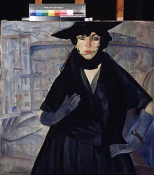 Una signora in nero. Dipinto di Boris Dmitryevich Grigoriev (1886-1939), circa 1910. Avanguardia russa, XX secolo, espressionismo. Museo Statale d