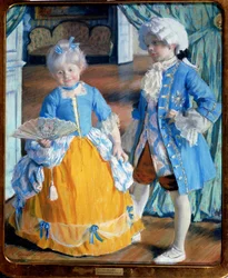 Bambini in costume rococò. Il bambino indossa calze e parrucca, mentre la bambina tiene un ventaglio di pizzo.