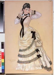 Progetto di costume femminile per la pièce teatrale "Lupo e Pecore" di Aleksandr Ostrovskij