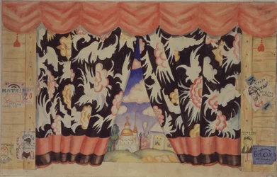 Schizzo del sipario per la commedia Il pulce di E. Zamyatin