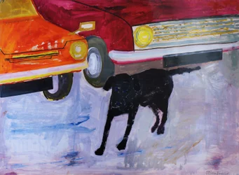 Cane al parcheggio di auto usate, Rex con auto rossa