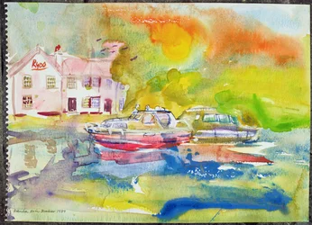 Pub sul fiume con barche