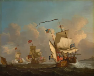 Uno yacht reale con una flotta che si mette in moto con una brezza, c.1720
