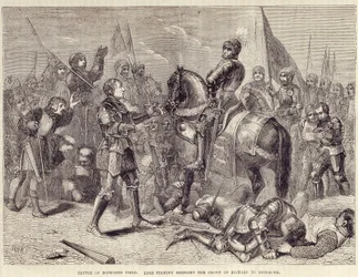 Battaglia di Bosworth. Lord Stanley porta la corona di Riccardo III a Richmond (1485): fine della Guerra delle Due Rose - in Storia illustrata d