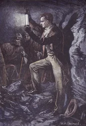 Humphry Davy con la lampada di sicurezza Davy per minatori, inventata nel 1815 (incisione su legno colorata a mano)