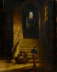 Interno di un castello, con un monaco seduto, c.1850
