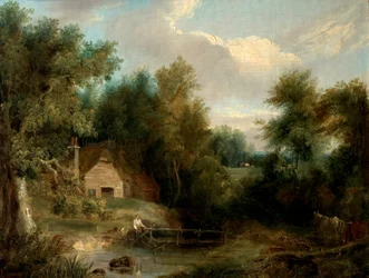 Paesaggio, cottage e un ruscello con una figura e una casa
