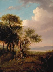 Paesaggio, alberi in primo piano, lago e colline in lontananza