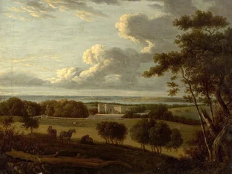 Paesaggio vicino alla costa (vista di una villa con il mare in lontananza)