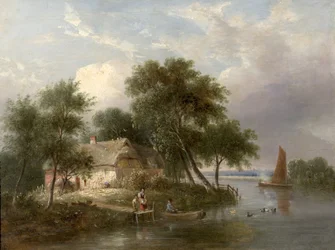 Scena fluviale (cottage e alberi)