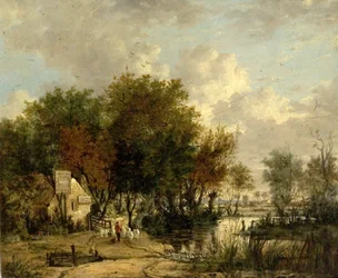 Scena fluviale, ragazzo che guida pecore