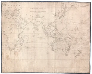 Agli ufficiali del servizio della Compagnia delle Indie Orientali questa carta di contorno destinata al loro uso per tracciare la rotta di una nave è rispettosamente dedicata da W. Heather Una nuova edizione 1830 rivista e corretta da J. W. Norie