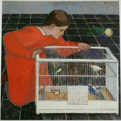 Silvia Koller con gabbia per uccelli (olio su tela)