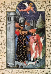 Il duca Giovanni di Berry (1340-1416) e il suo amministratore dei beni. Miniatura di Jean Limbourg (1370-1416) per "Les Tres Riches heures du Duc de Berry" Verso il 1440 Parigi. B.N.
