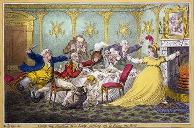 Compagnia scioccata da una signora che si alza per suonare il campanello, pub. H. Humphrey, Londra, 1804