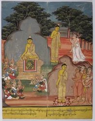Sulla strada per il parco dei cervi Buddha incontrò cinque asceti (centro sinistra); al parco dei cervi predicò il primo sermone.