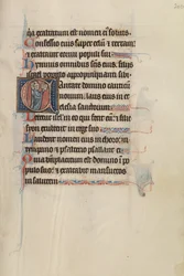 Iniziale C: Tre chierici che cantano da un libro