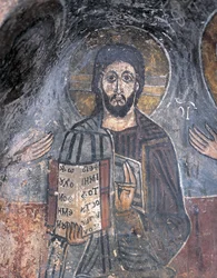Primo piano di un affresco di un pantocratore, Cristo Pantocratore, Zoupena, Sparta, Peloponneso, Grecia