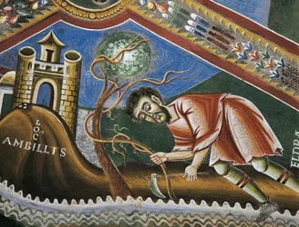 Eldrado che ara il terreno ad Ambilly, Provenza, (dettaglio), dalle Storie della vita di San Eldrado, affreschi romanici in stile bizantino, fine XI secolo, Cappella di San Eldrado e San Nicola, Abbazia di Novalesa, Piemonte, Italia