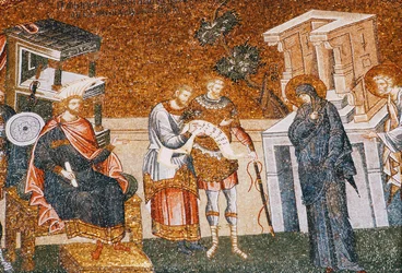 Maria e Giuseppe davanti a Cyremius per la registrazione delle tasse, con una guardia, uno scriba e un ufficiale, c. 14° secolo (mosaico) (dettaglio)