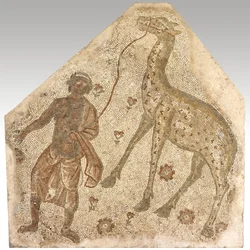 Frammento di mosaico con uomo che guida una giraffa, 401-500 d.C. (pietra in malta)