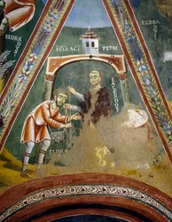 San Eldrado parte per Santiago de Compostela, Dettaglio dalle Storie di San Eldrado, affresco romanico, stile bizantino, fine XI secolo, Cappella di San Eldrado e San Nicola, Abbazia di Novalesa, Piemonte, Italia