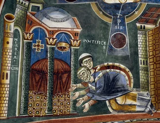 San Nicola consacrato vescovo di Myra, Dettaglio dalle Storie di San Nicola, affresco romanico, stile bizantino, fine XI secolo, Cappella di San Eldrado e San Nicola, Abbazia di Novalesa, Piemonte, Italia