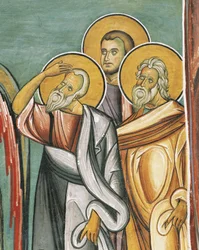 Tre persone in una chiesa, Panagia too Araka, Bizantina, Monti Troodos, Cipro