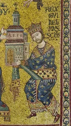 Transetto: il mosaico bizantino che raffigura il re Guglielmo II che offre la cattedrale alla Vergine Maria, dettaglio