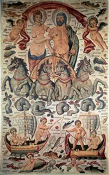 Arte bizantina: Trionfo di Nettuno e Anfitrite. Nettuno e Anfitrite nudi su un carro trainato da quattro cavalli marini. Mosaico del III secolo. Dim: 3,1x1,96m. Museo del Louvre, Parigi