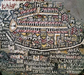 Arte bizantina: la mappa più antica della Palestina. Dettaglio che rappresenta Gerusalemme. Mosaico del VI secolo. Madaba, Chiesa di San Giorgio