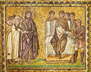Cristo davanti a Pilato che si lava le mani, sommi sacerdoti e soldati romani, VI secolo (mosaico)