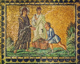 Gesù e la moltiplicazione dei pani, un apostolo e un uomo con ceste di pane, VI secolo (mosaico)
