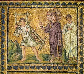 Gesù guarisce una persona affetta da paralisi, VI secolo (mosaico)
