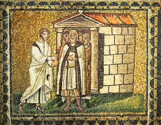 Il rimorso di Giuda, con un sacchetto di sicli in mano, VI secolo (mosaico)