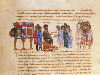 MMS Vitr 26-7 Ambasciatore di Kiev inviato dal re Vladimir (978-1015) viene informato sul cristianesimo da un vescovo bizantino, dal Madrid Skylitzes