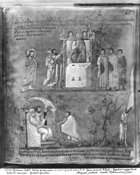 Ms EAB 664 fol.15 Gesù davanti a Pilato, Giuda restituisce i trenta denari, Impiccagione di Giuda, dal Codex Purpureus