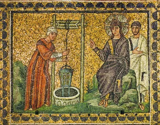 La Samaritana al pozzo, Gesù che benedice e un apostolo, VI secolo (mosaico)