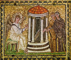 Le due donne e un angelo con aureola e bastone presso il sepolcro vuoto di Cristo, VI secolo (mosaico)