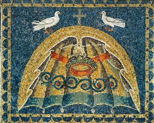 Umbraculum, parte della regalia papale, a forma di conchiglia con colombe in segno di pace, VI secolo (mosaico)