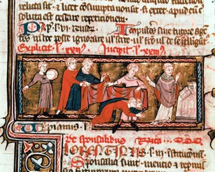 Scena di matrimonio, gli sposi sono coperti da un panno, simbolo della loro unione. Miniatura tratta dal Codice di Giustiniano, una raccolta di leggi e istituzioni redatta sotto l