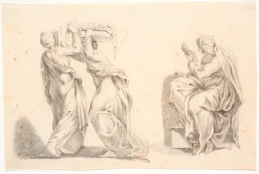 Due donne in abiti classici che portano un cesto e una sibilla dopo Michelangelo